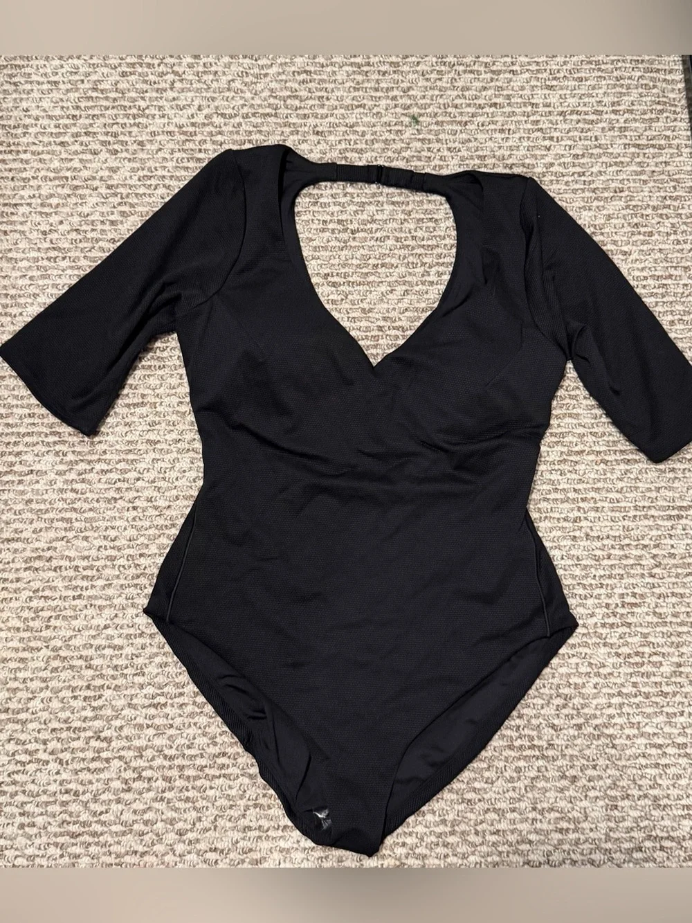SPANX Black V-Neck One-Piece Swimsuit with Three-Quarter Sleeves